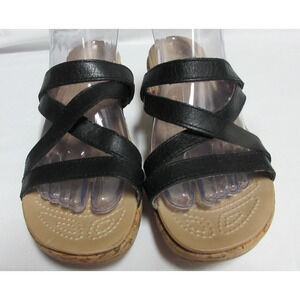 Crocs A Leigh Slip On Black Leather Open Toe Cork Wedge Sandals US Women's 8
